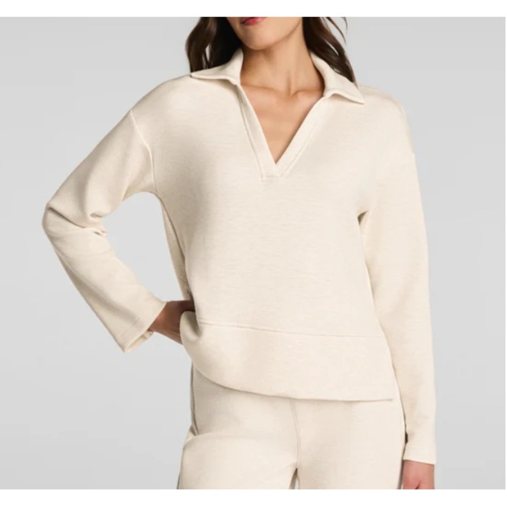 Spanx AirEssentials Long Sleeve Polo Top XS Heather Oatmeal Pullover‎ 50777R